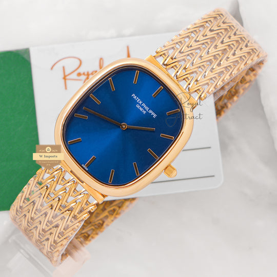 Latest Collection Square Yellow Gold With Blue Dial Chain Watch
