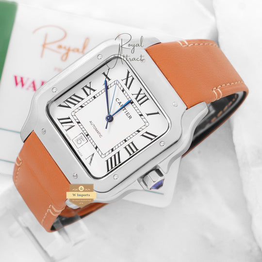 Latest Collection Silver Case With White Dial & Brown Leather Strap