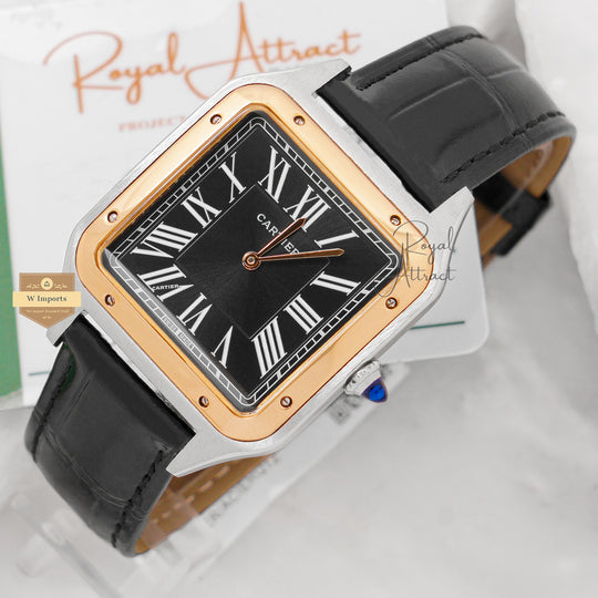 Latest Collection Silver Case With Black Dial Golden Bezel Leather Strap Watch For Men