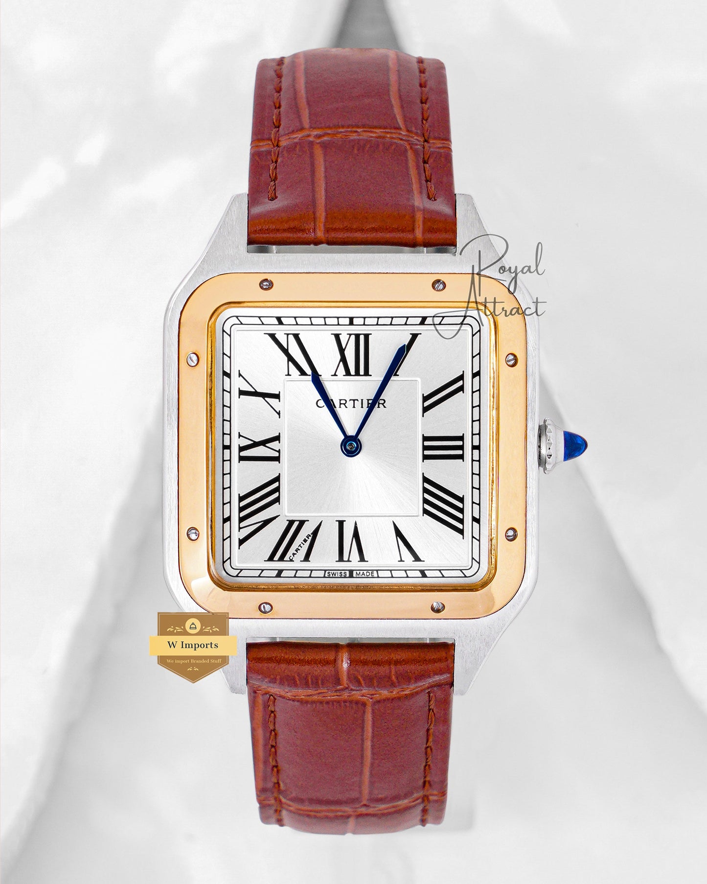 Latest Collection Silver Case With White Dial Golden Bezel Leather Strap Watch For Men