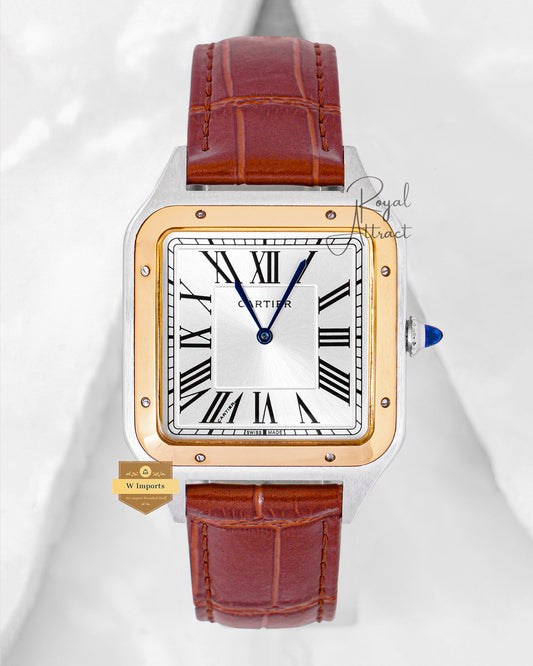Latest Collection Silver Case With White Dial Golden Bezel Leather Strap Watch For Men