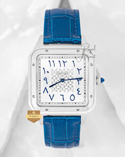 Latest Collection Silver Case With Silver Arabic Dial & Blue Leather Strap Watch For Men