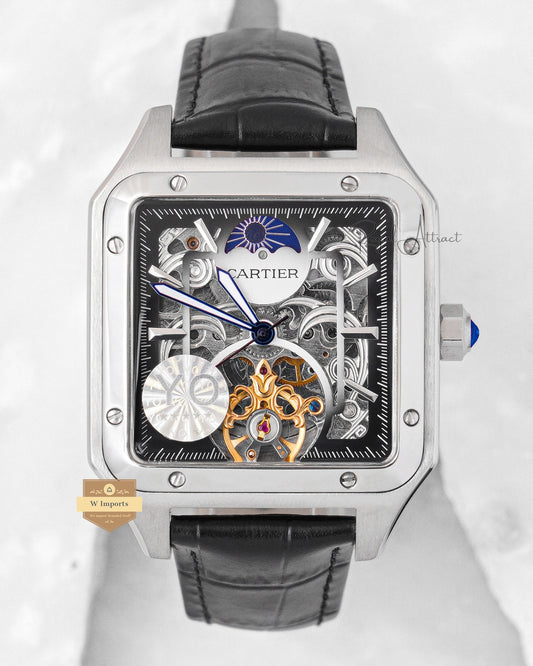 LATEST COLLECTION TOURBILLON MOON PHASE SILVER CASE WITH SKELETON DIAL & BLACK LEATHER STRAP