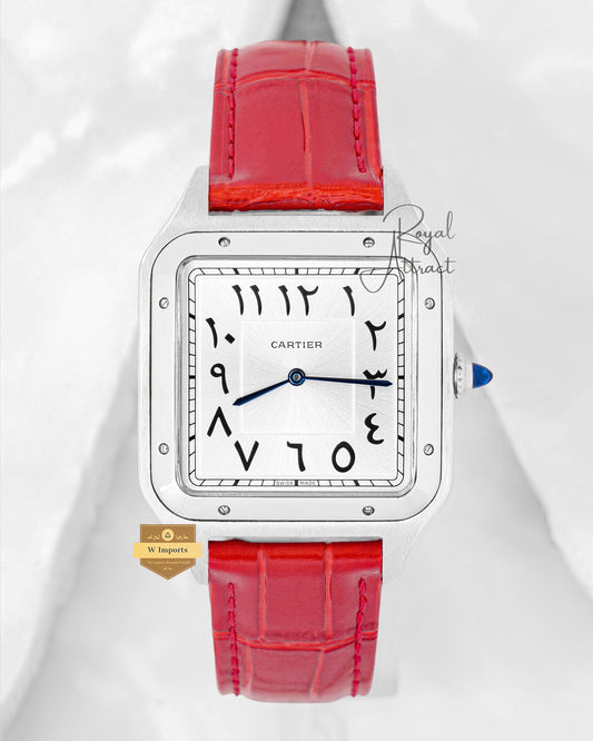 Latest Collection Silver Case With Silver Arabic Dial & Red Leather Strap Watch For Men