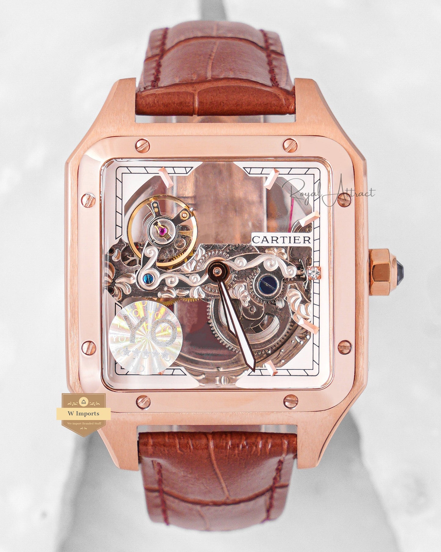 LATEST COLLECTION TOURBILLON MOON PHASE ROSE GOLD CASE WITH SKELETON DIAL & BROWN LEATHER STRAP