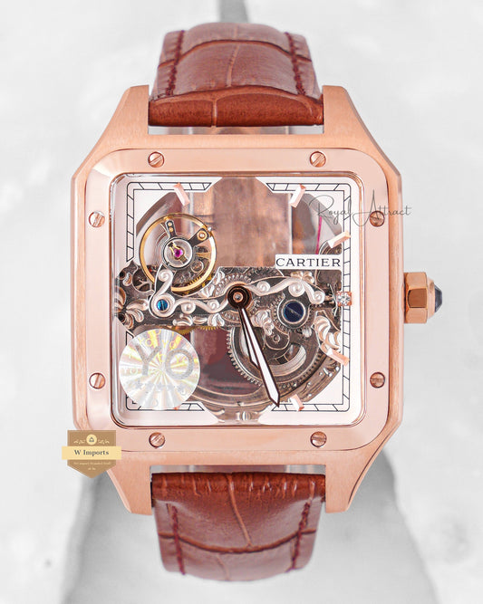 LATEST COLLECTION TOURBILLON MOON PHASE ROSE GOLD CASE WITH SKELETON DIAL & BROWN LEATHER STRAP