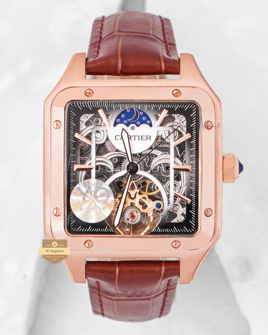 LATEST COLLECTION TOURBILLON MOON PHASE ROSE GOLD CASE WITH SKELETON DIAL & BROWN LEATHER STRAP