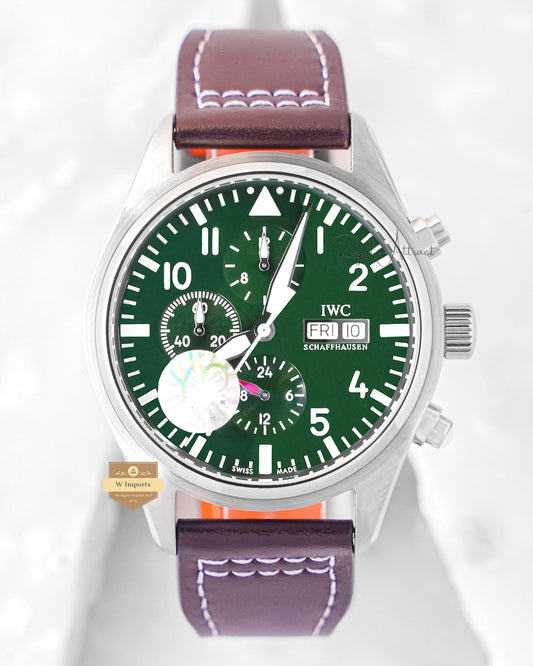 LATEST COLLECTION CHRONOGRAPH SILVER  CASE WITH GREEN DIAL LEATHER STRAP