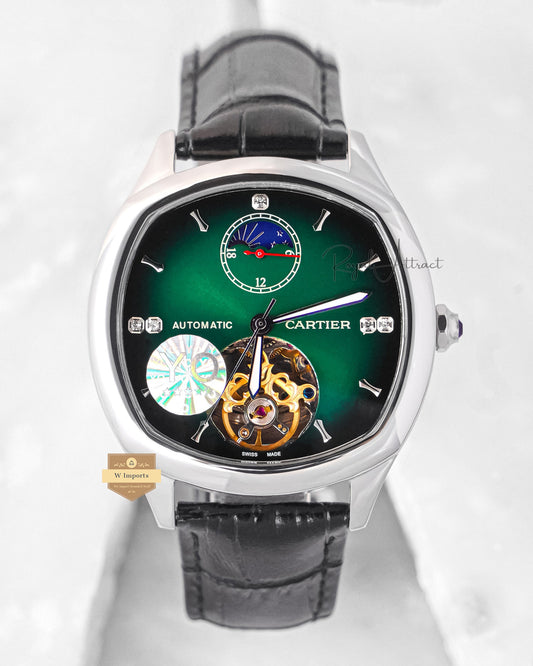 LATEST COLLECTION TOURBILLON GREEN DIAL WITH SILVER CASE & BLACK LEATHER STRAP