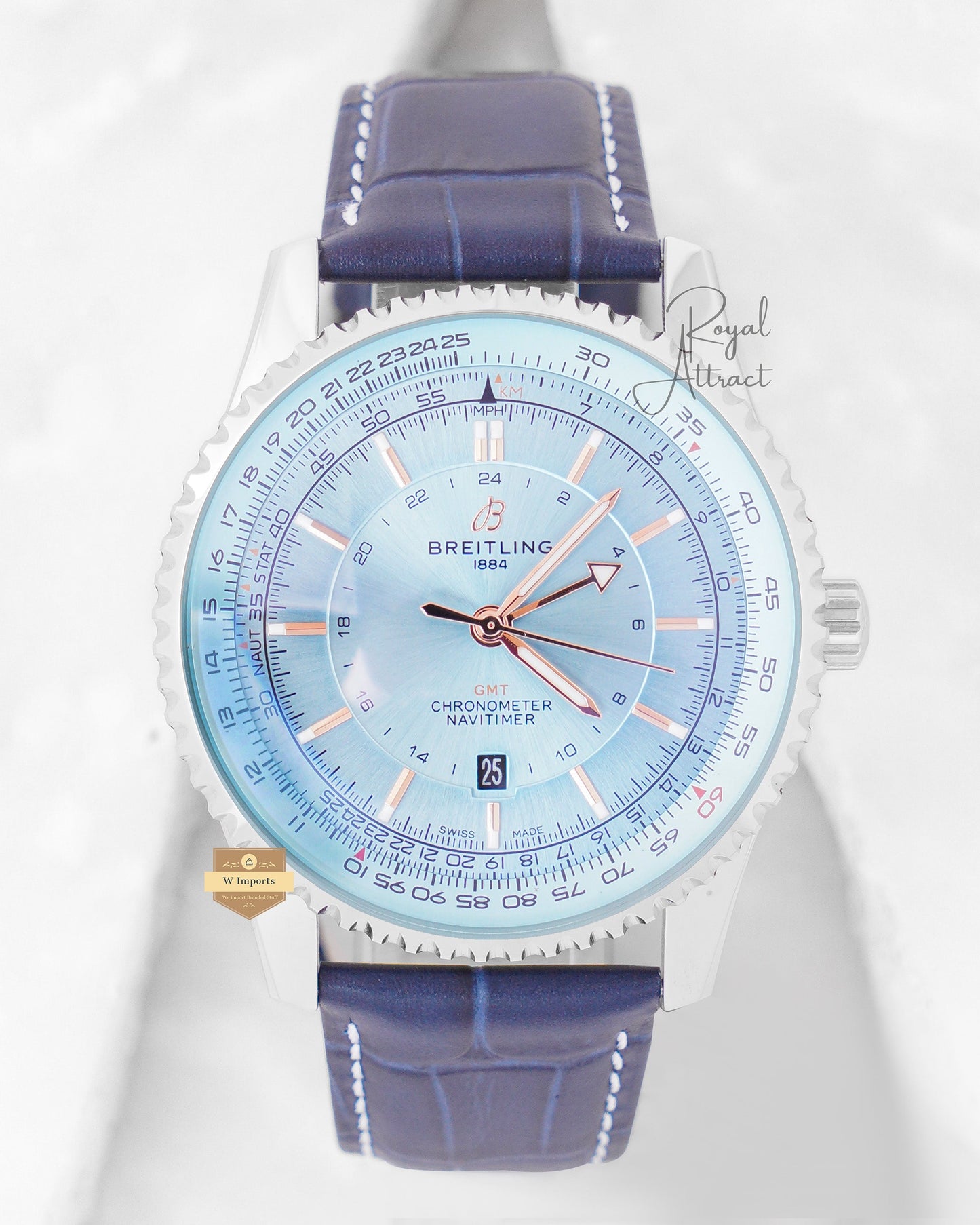 Latest Collection Silver Case With Sky Blue Dial And Leather Strap Automatic Watch