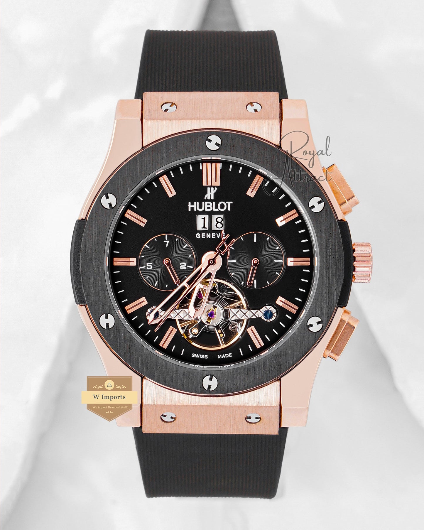 Latest Collection Torubillon Rose Gold Case With Black Bezel & Dial Pvc Strap