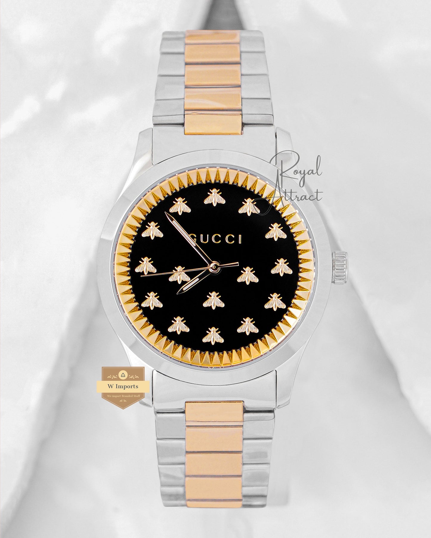 Latest Collection Two Tone Yellow Gold Bee With Black Dial Chain Watch