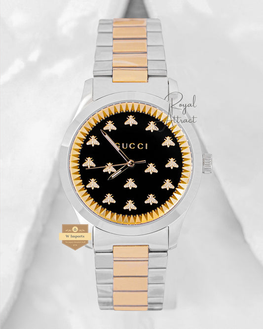 Latest Collection Two Tone Yellow Gold Bee With Black Dial Chain Watch