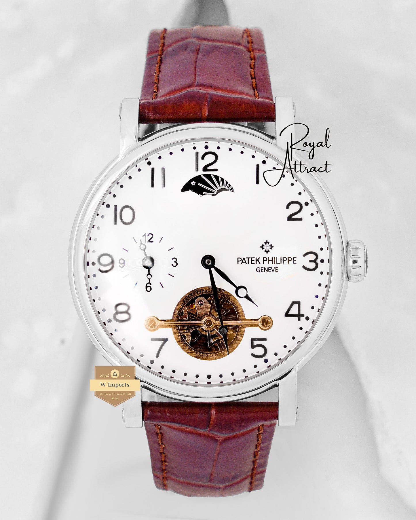 Latest Collection Tourbillon Silver Case With White Dial & Brown Leather Strap