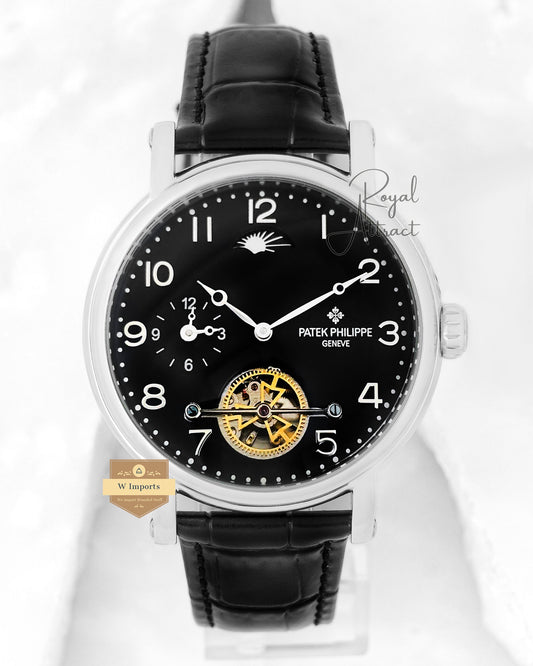 Latest Collection Tourbillon Silver Case With Black Dial & Black Leather Strap