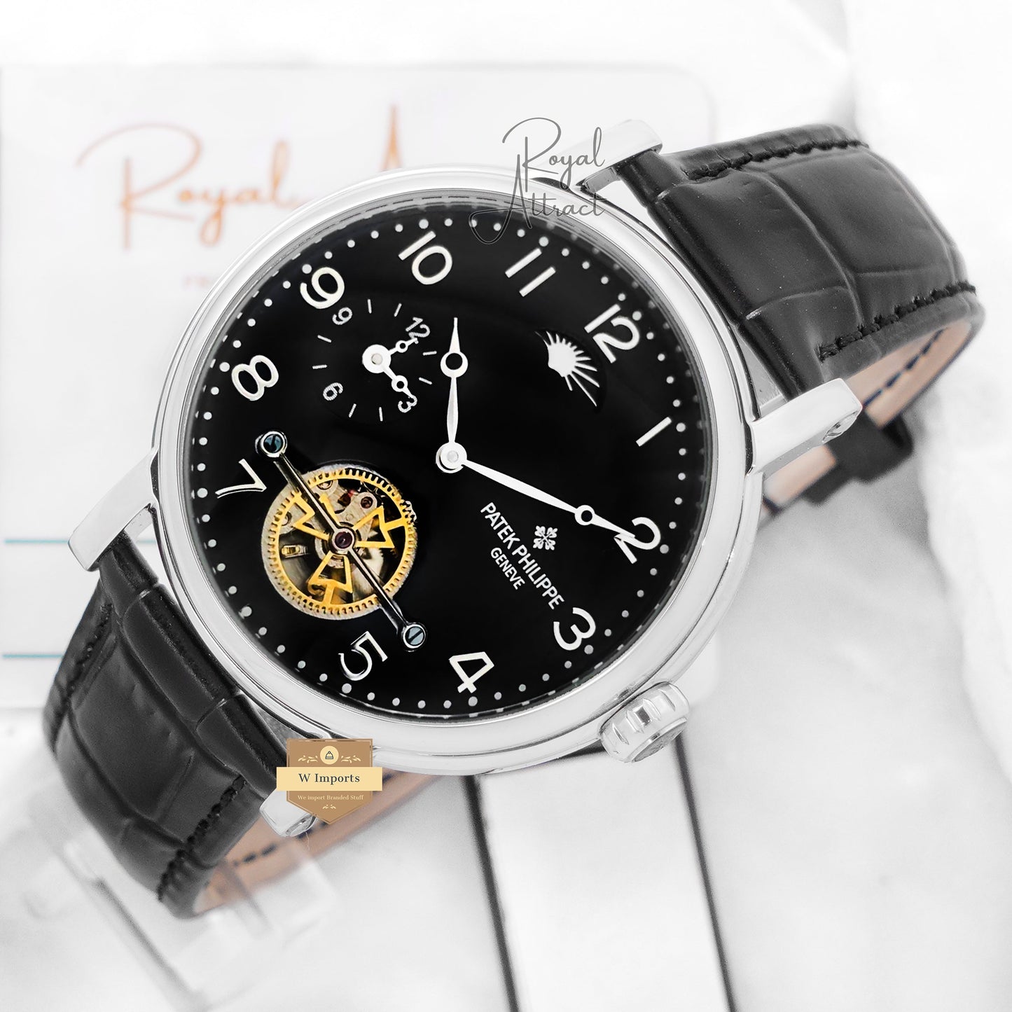 Latest Collection Tourbillon Silver Case With Black Dial & Black Leather Strap