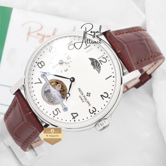 Latest Collection Tourbillon Silver Case With White Dial & Brown Leather Strap