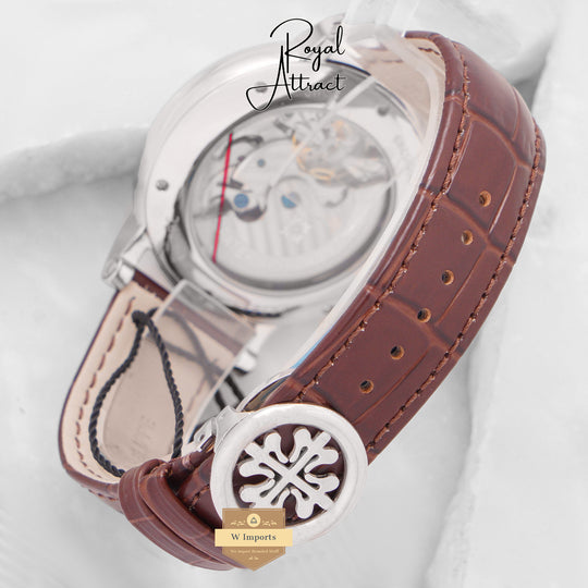 Latest Collection Tourbillon Silver Case With White Dial & Brown Leather Strap