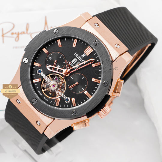 Latest Collection Torubillon Rose Gold Case With Black Bezel & Dial Pvc Strap