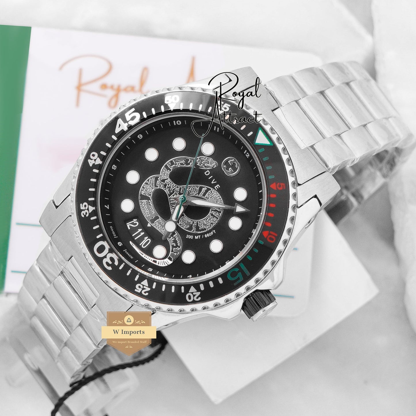 Latest Collection Snake Silver With Black Dial Chain watch