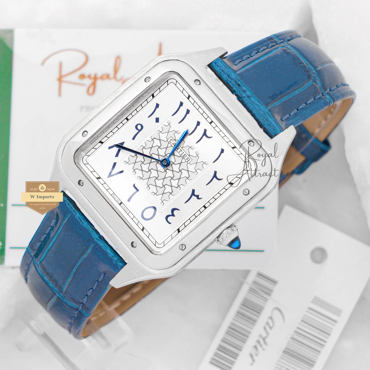 Latest Collection Silver Case With Silver Arabic Dial & Blue Leather Strap Watch For Men
