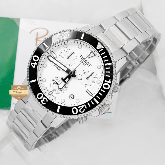 Latest Collection 1000 Chronograph Silver With White Dial Chain Watch