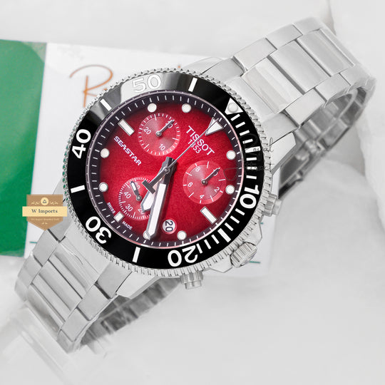 Latest Collection 1000 Chronograph Silver With Red Dial Chain Watch