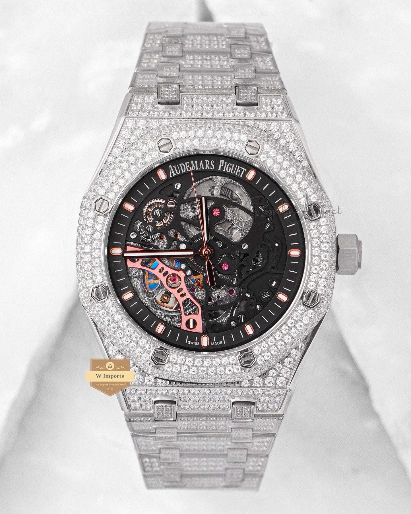 Latest Collection Full Stone Silver With Black Skeleton Dial Automatic Watch