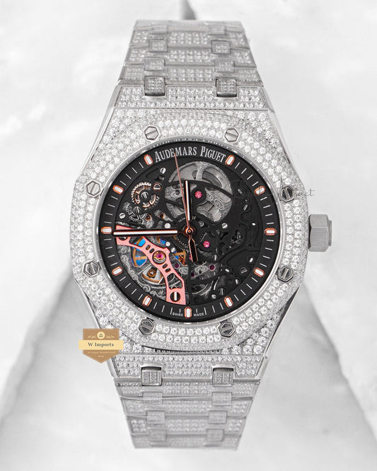 Latest Collection Full Stone Silver With Black Skeleton Dial Automatic Watch