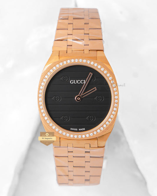 Latest Collection Yellow Gold With Black Dial Stone Bezel Ladies Watch