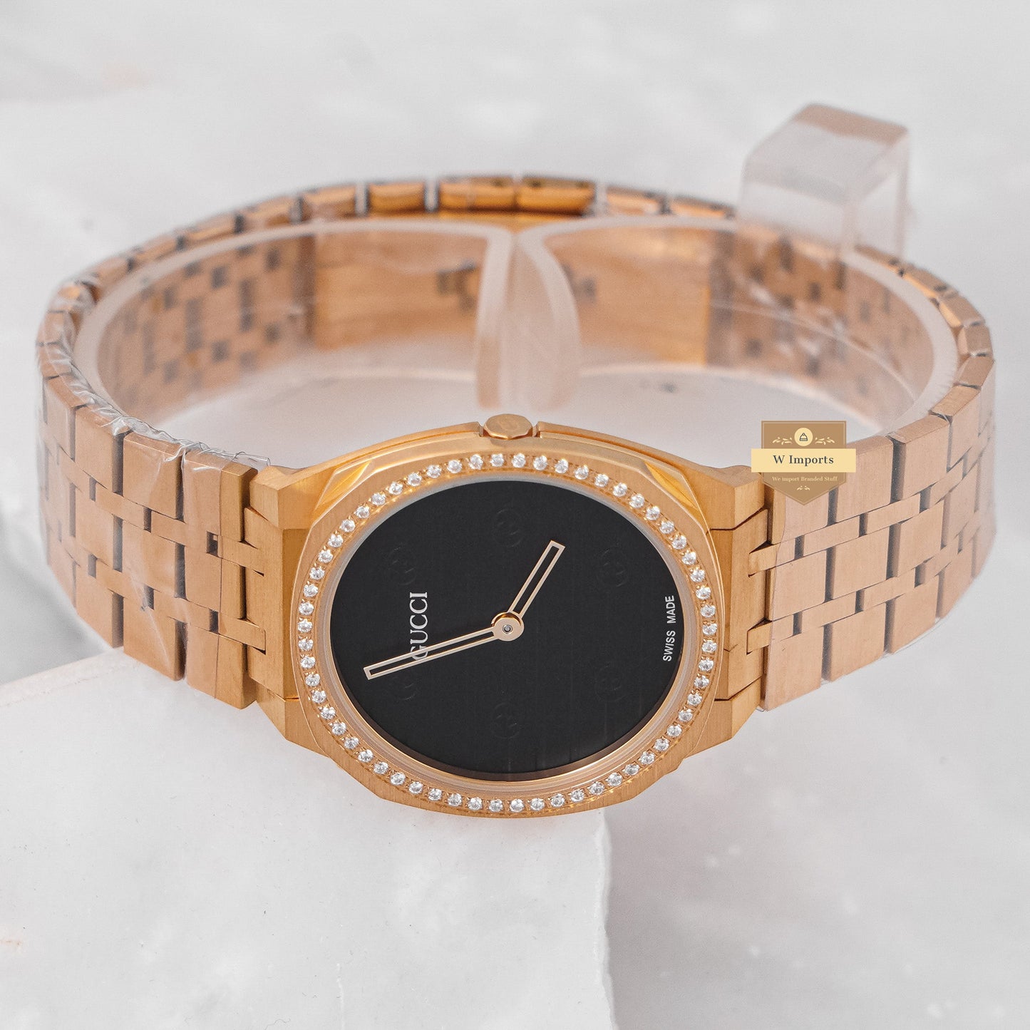Latest Collection Yellow Gold With Black Dial Stone Bezel Ladies Watch