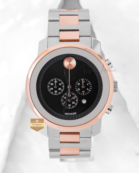 Latest Collection Chronograph Two Tone Rose Gold With Black Dial Chain Watch