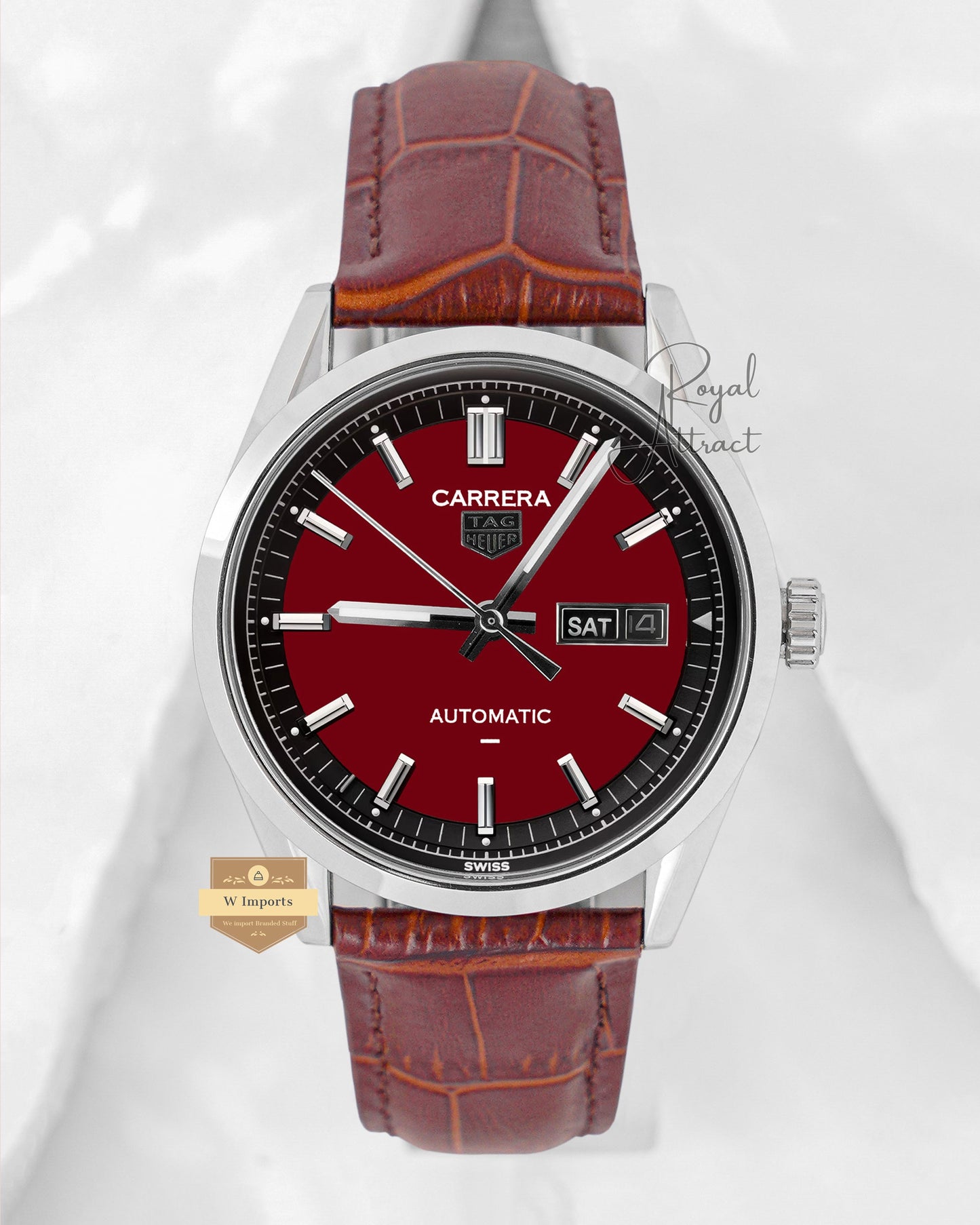 Latest Collection Silver Case With Maroon Dial Leather Strap Automatic Watch For Men