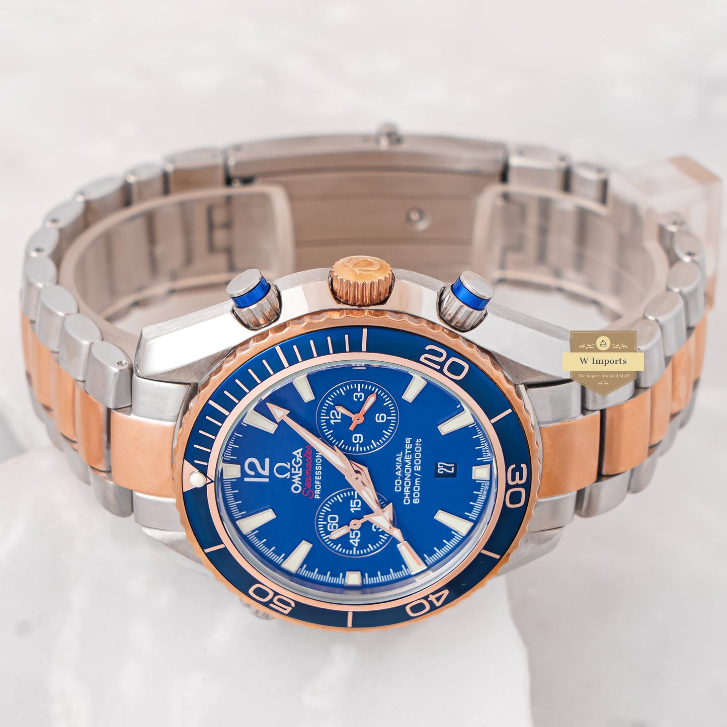 Latest Collection Chronograph Two Tone Rose Gold With Blue Dial Chain Watch