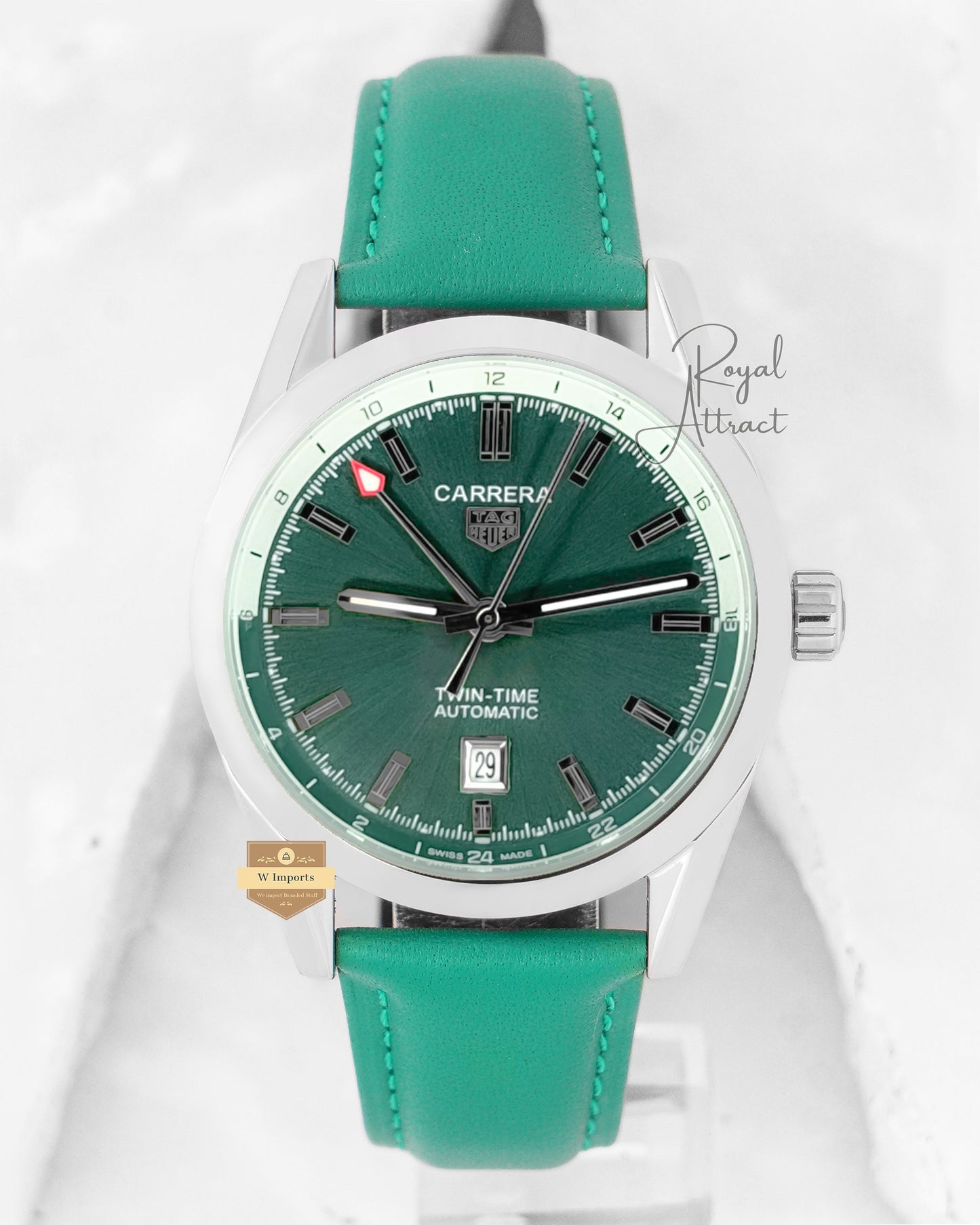 Latest Collection Silver Case With Green Dial Leather Strap Automatic Watch For Men