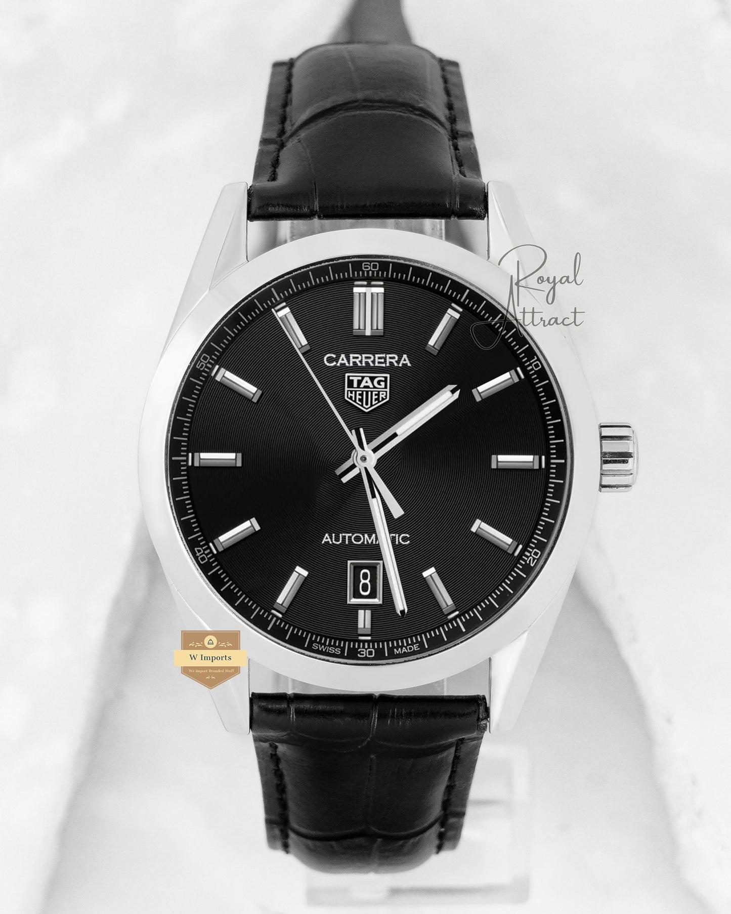 Latest Collection Silver Case With Black Dial Leather Strap Automatic Watch For Men