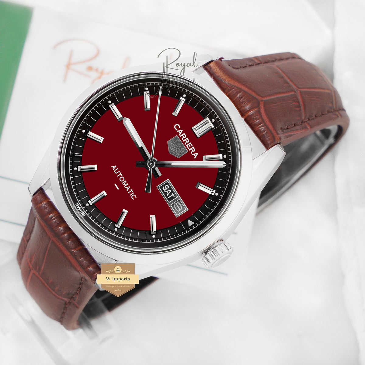 Latest Collection Silver Case With Maroon Dial Leather Strap Automatic Watch For Men
