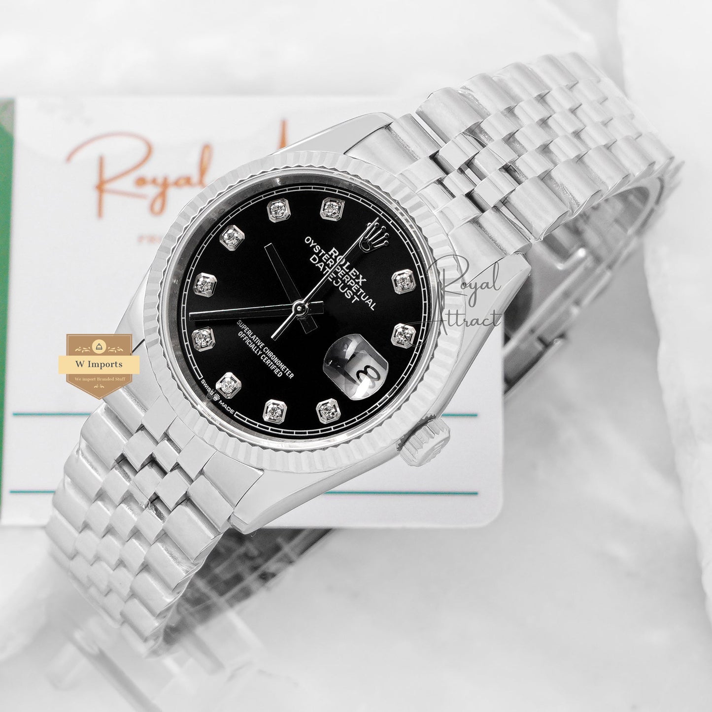 Latest Collection 36 Silver With Black Dial With Stone Figure Automatic Watch Bp Made