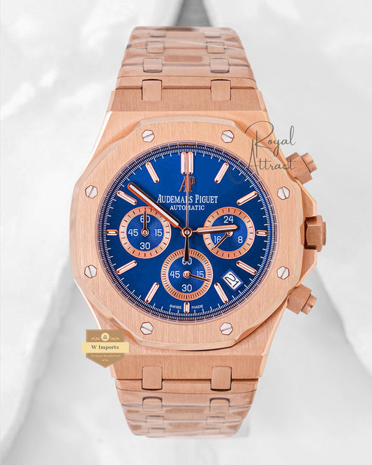 Latest Collection Chronograph Rose Gold With Blue Dial Chain Watch
