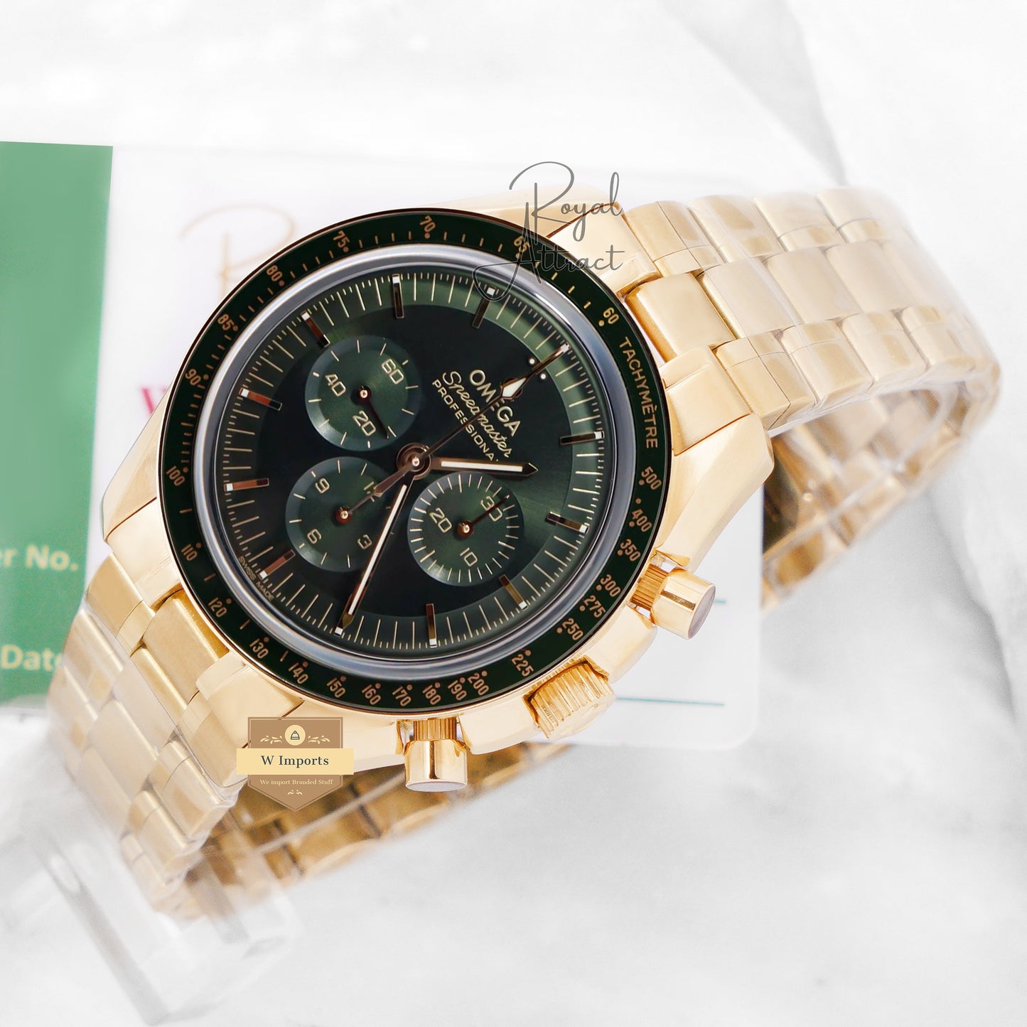Premium Collection Chronograph Yellow Gold With Green Dial Chain Watch For Men
