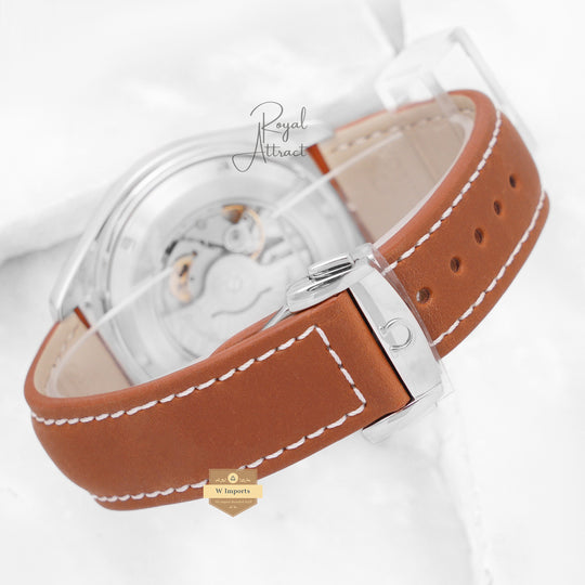 Latest Collection Silver Case With Peach Dial & Leather Strap
