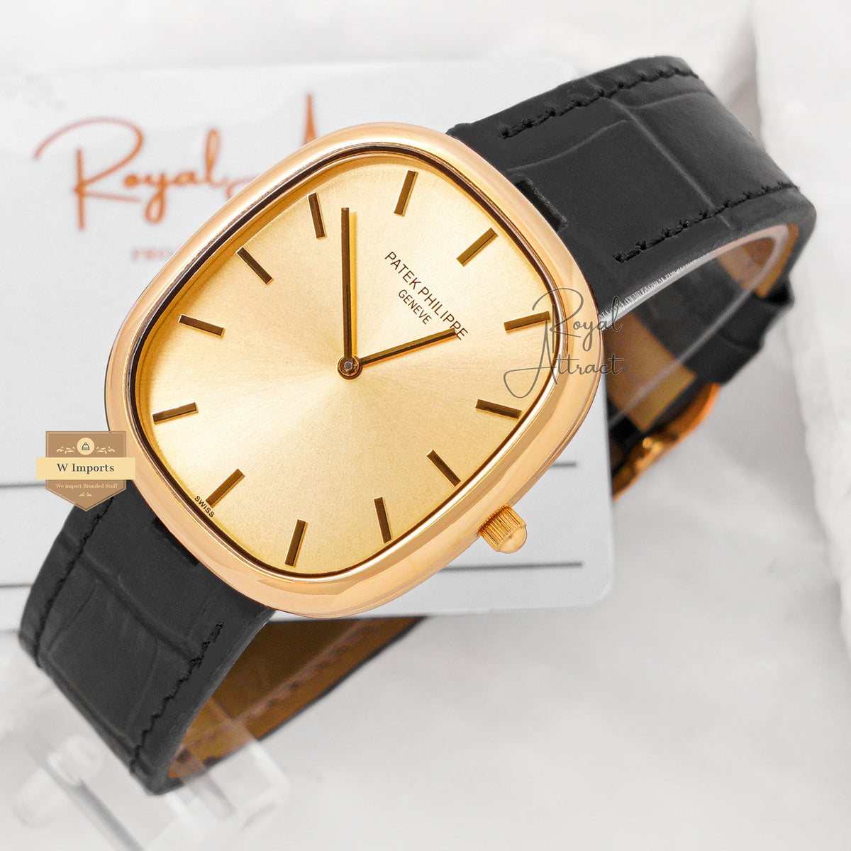 Latest Collection All Yellow Gold Case With Dial & Black Leather Strap
