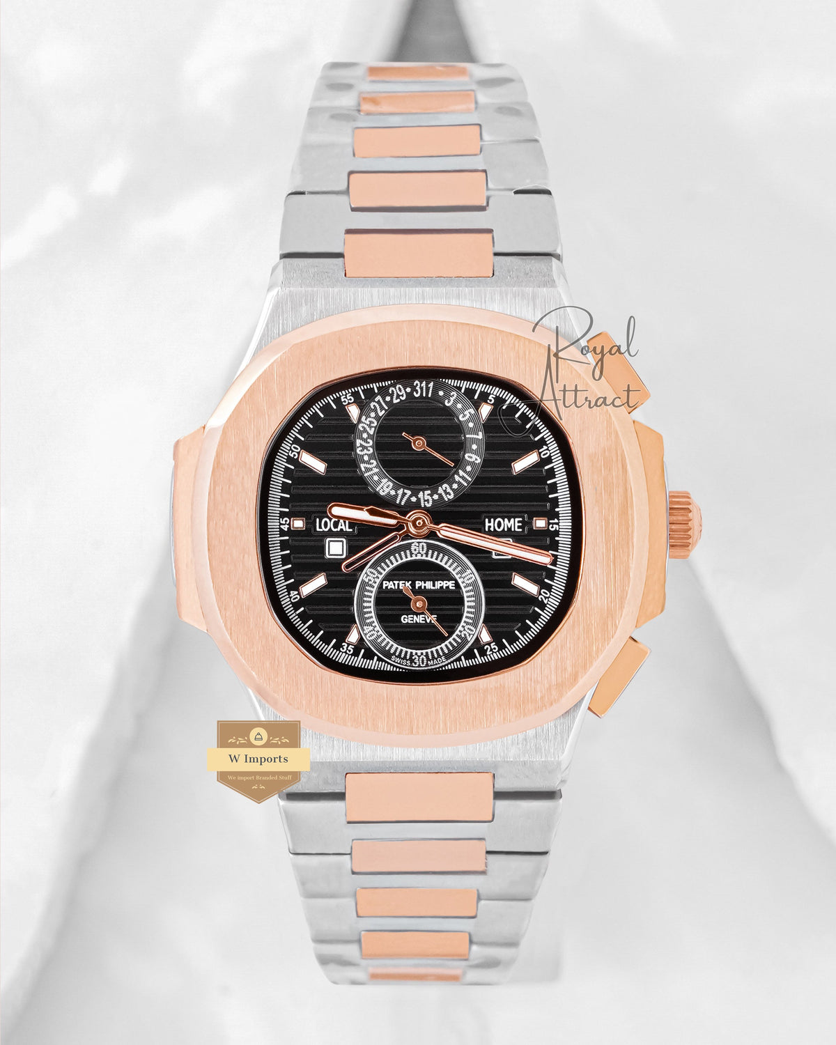 Latest Collection Chronograph Two Tone Rose Gold With Black Dial Automatic Watch