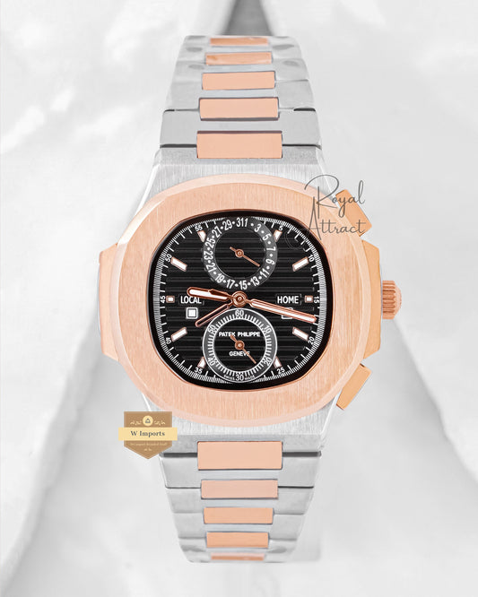 Latest Collection Chronograph Two Tone Rose Gold With Black Dial Automatic Watch