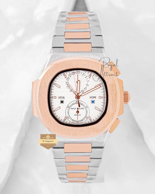 Latest Collection Chronograph Two Tone Rose Gold With White Dial Automatic Watch
