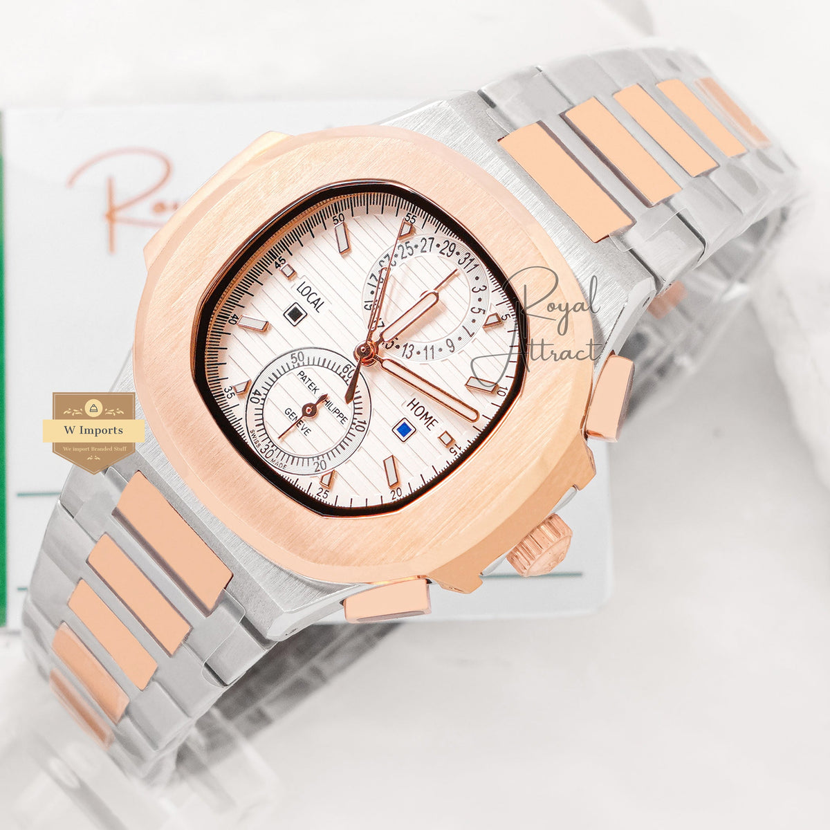 Latest Collection Chronograph Two Tone Rose Gold With White Dial Automatic Watch