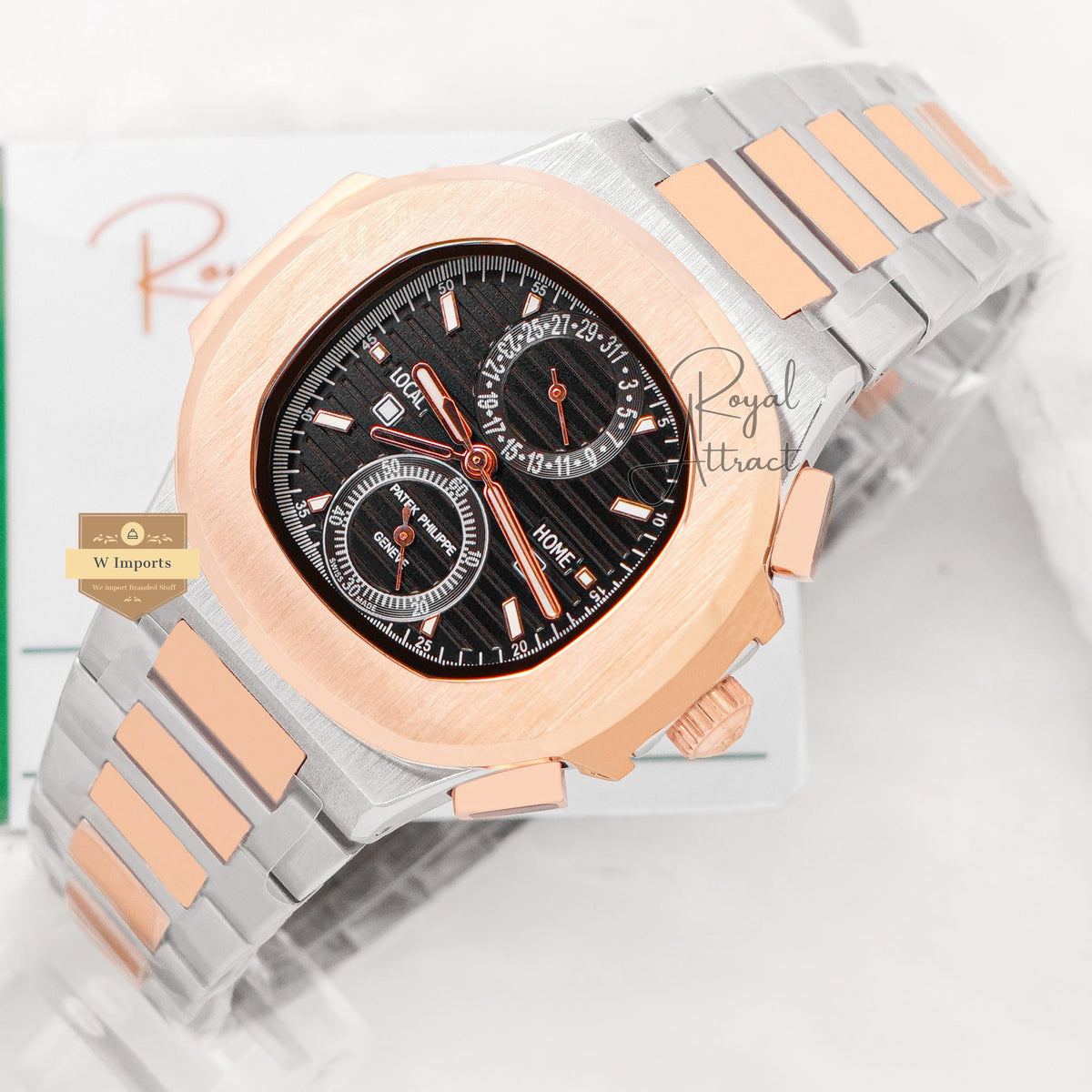 Latest Collection Chronograph Two Tone Rose Gold With Black Dial Automatic Watch