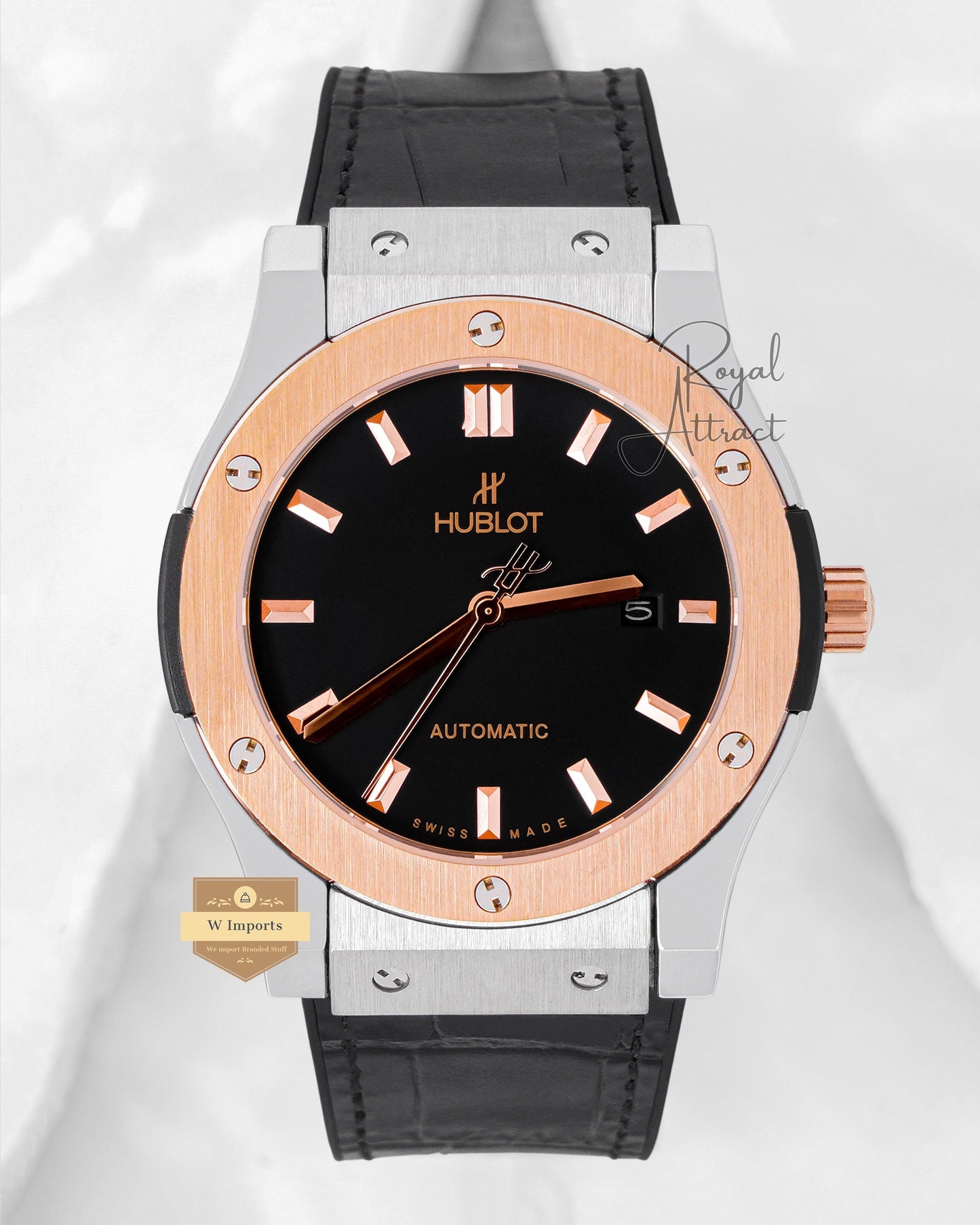 Latest Collection Silver Case With Black Dial Rose Gold Bezel & Leather Strap Automatic Watch