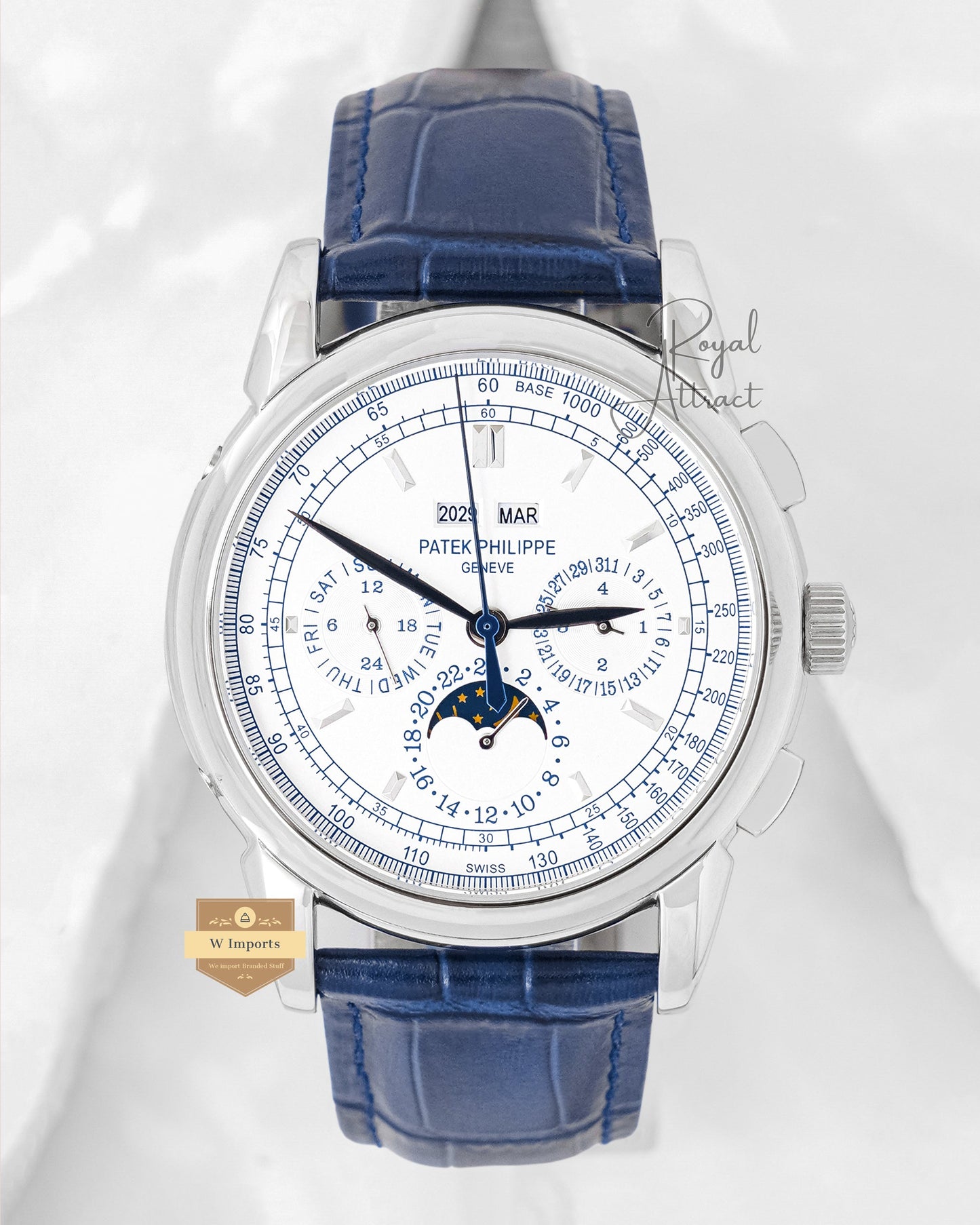 Latest Collection Chronograph Silver Case With White Dial & Blue Leather Strap