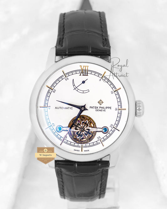 Latest Collection Tourbillon Silver Case With White Dial & Black Leather Strap